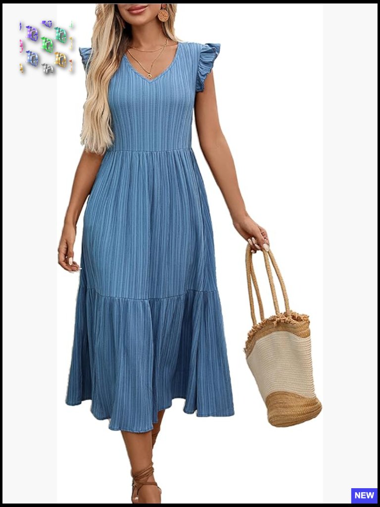Womens Ruffle Sleeve V Neck Boho Midi Dress Flowy Casual Party Beach Wedding